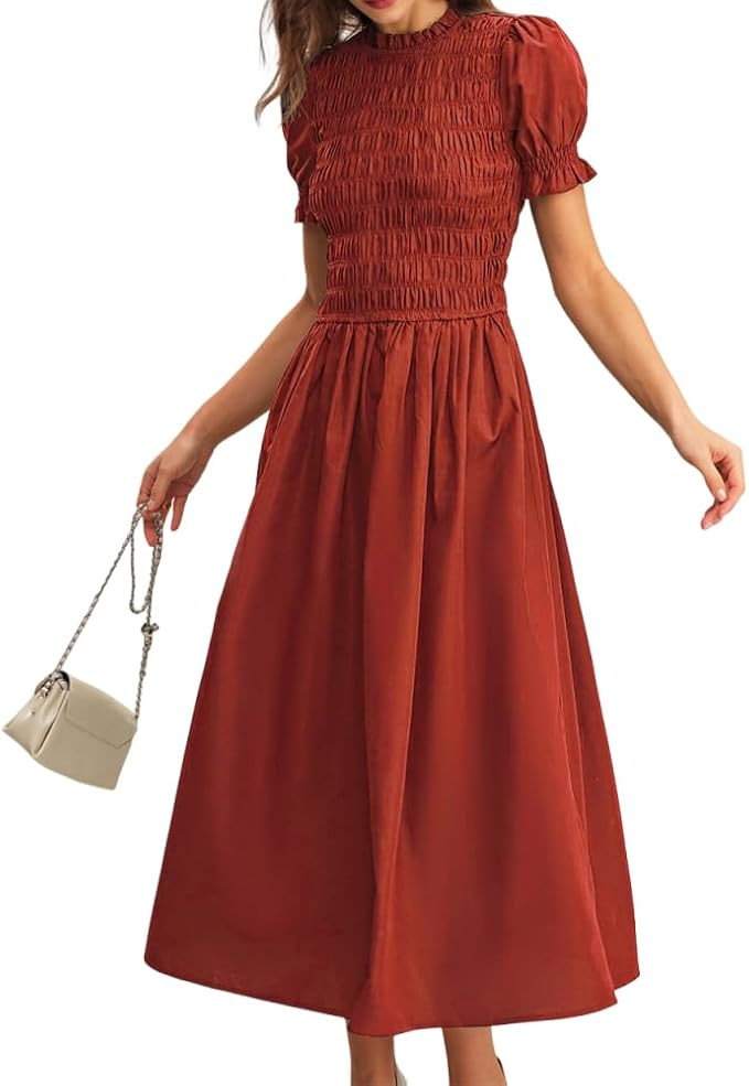 RIHOAS Women Shirred A-Line Midi Dress Summer Dresses Puff Short Sleeve Smocked Flowy Ruffle Boho... | Amazon (US)