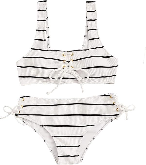 SweatyRocks Women's Striped Lace Up Bathing Suits Ribbed Knit Tie Side Bikini Set | Amazon (US)