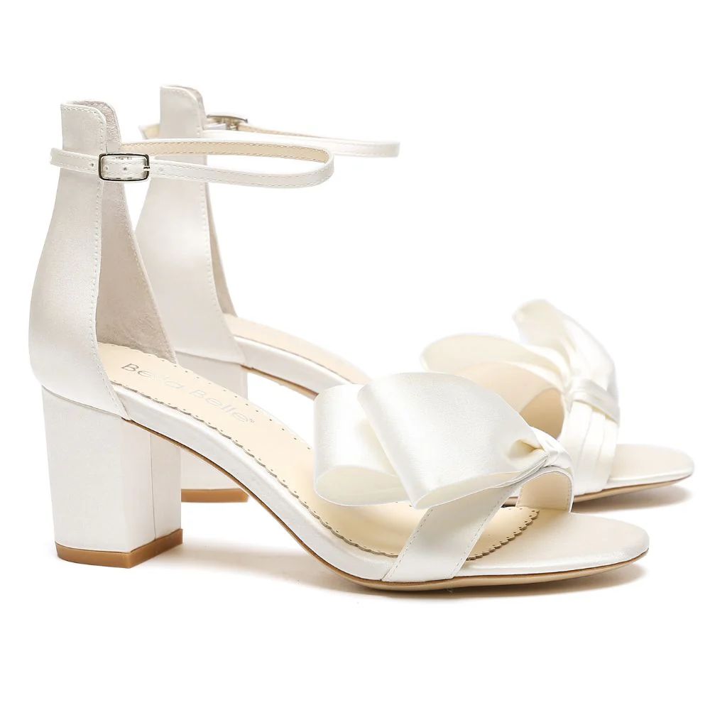 Ivory Block Heel Wedding Shoes with Asymmetrical Bow | Bella Belle Shoes