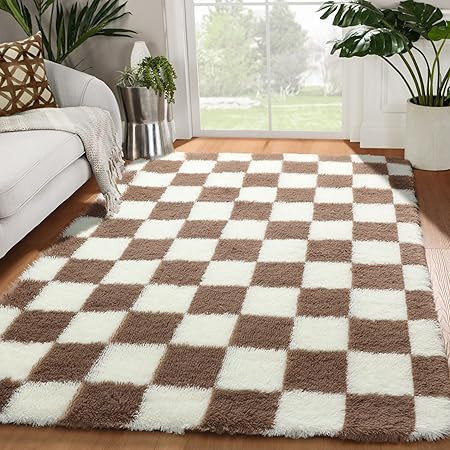 Atira Modern Checkered Shag Area Rug - High Pile Fluffy Shaggy Carpet -Kids Room, Nursery, Living Room Shaggy Carpet - Brown, Cream, White, Taupe - 5'3" x 7'3" (5x7) | Amazon (US)