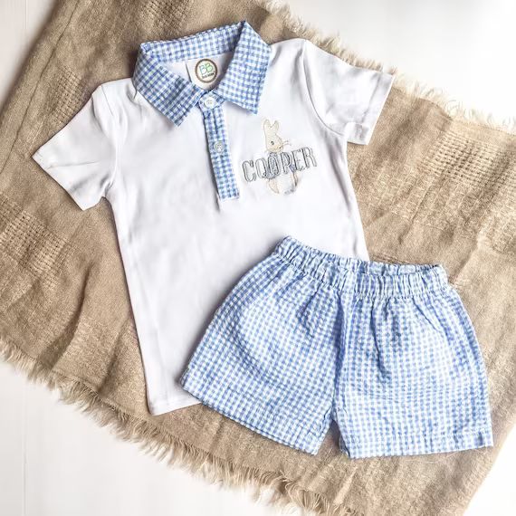Boys Easter Outfit with shorts and short sleeve blue gingham print and personalized name with a b... | Etsy (US)