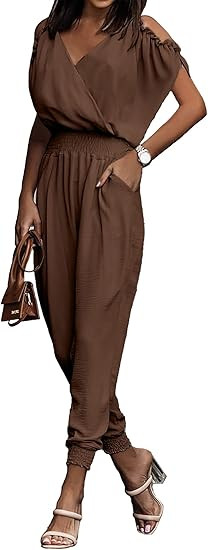 PRETTYGARDEN Jumpsuit for Women Casual Summer Wrap V Neck Cold Shoulder One Piece Outfits Pants R... | Amazon (US)