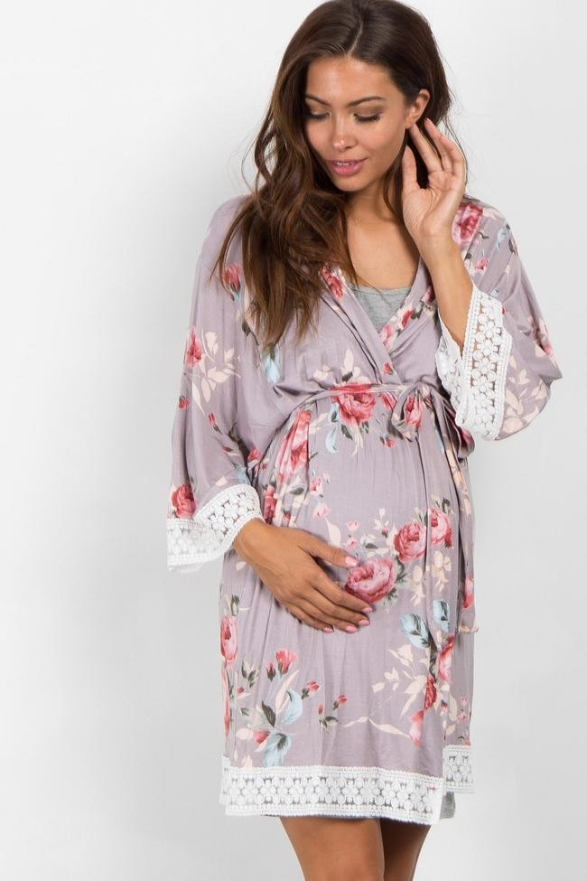 PinkBlush Grey Rose Floral Lace Trim Delivery/Nursing Maternity Robe | PinkBlush Maternity