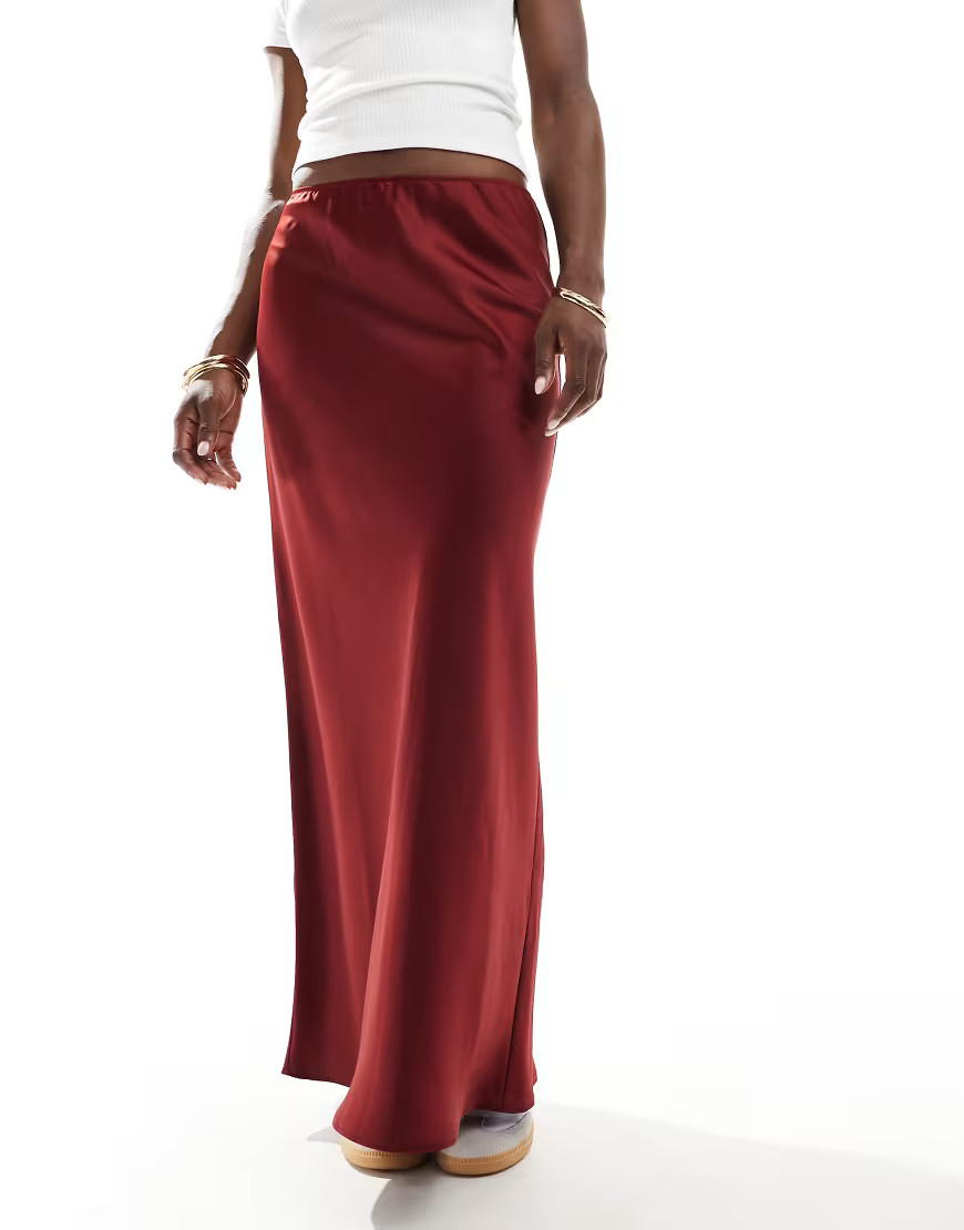 ASOS DESIGN satin bias cut maxi skirt in burgundy-Red | ASOS (Global)