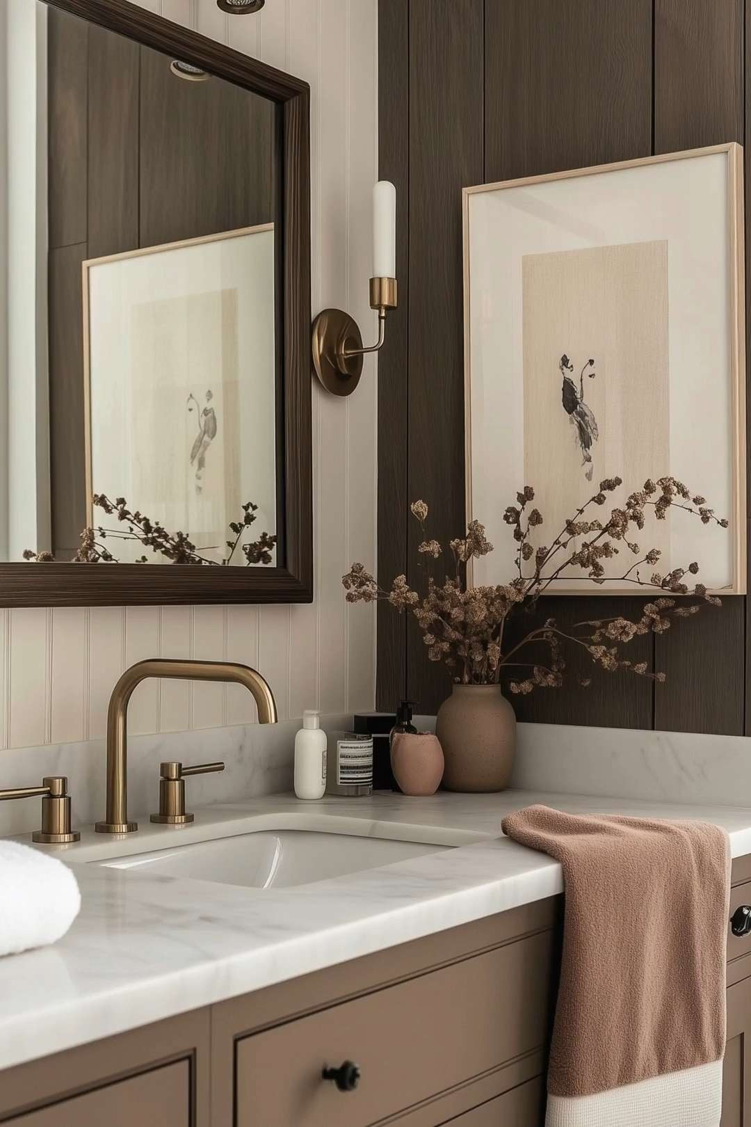 Moody Spa Bath Refresh — an organic modern powder room featuring a mushroom taupe vanity with a marble-look countertop, vertical wood + beadboard wall paneling, and warm brass faucet and candle-style sconce. Framed minimalist art, stoneware vases with dried stems, and a soft tan bath towel layer in texture for a serene, elevated neutral bathroom.
🖤 If you want to see more content like this, FOLLOW maeveandmodern on LTK, Instagram, and Pinterest! Check out our blog where we post daily, maeveandmodern.com!
Neutral bathroom | Organic modern bathroom | Taupe vanity | Marble countertop | Brass faucet | Brass wall sconce | Wood wall paneling | Beadboard accent | Framed minimalist art | Stoneware vase | Dried floral stems | Cozy spa vibe | Modern powder room | Warm earthy tones | Elevated small bath
  

 

#LTKHome #LTKSaleAlert #LTKFindsUnder100 #LTKSeasonal #LTKHome #LTKSaleAlert