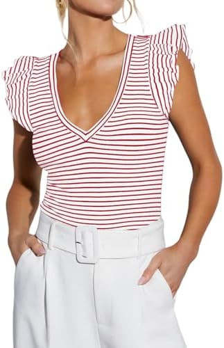 Ezbelle Women's V Neck Tank Summer Tops Striped Tshirts Ruffle Short Sleeve Slim Fitted Ribbed Kn... | Amazon (US)