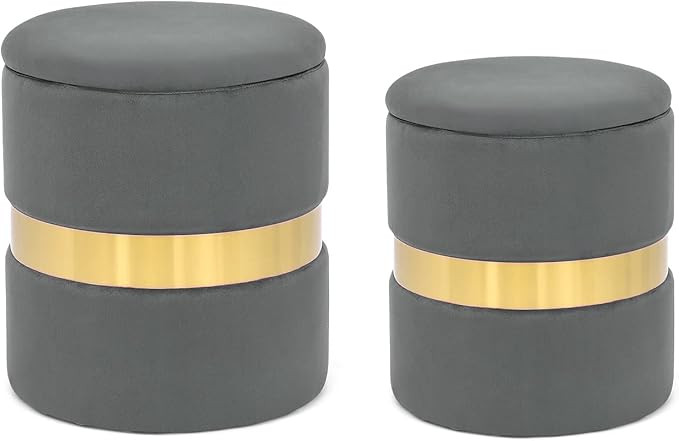 Furnistar Set of 2 Velvet Storage Ottoman Round Foot Stool with Metal Band (Grey) | Amazon (US)