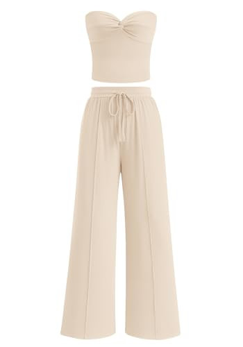 BTFBM Two Piece Sets For Women Summer Ribbed Strapless Twist Knot Tube Top Pants Set Casual 2026 Beach Vacation Outfits(Apricot, Medium) | Amazon (US)