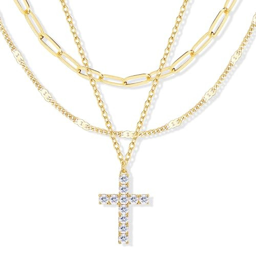 Layered Gold Cross Necklaces for Women,14k Gold Plated Dainty Stackable Choker Necklaces for Women,Trendy Layering Cubic Zirconia Cross Pendant Paperclip Thin Chain Necklace Set Jewelry Gifts for Women | Amazon (US)