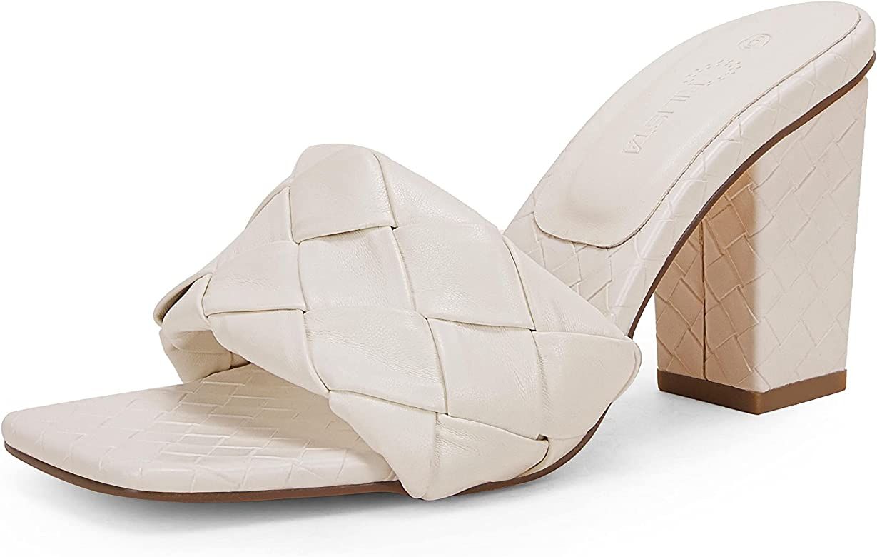 Womens Square Open Toe Heeled Sandals Chunky Block Heels Braided Slip On Wedding Dress Pumps Shoes | Amazon (US)