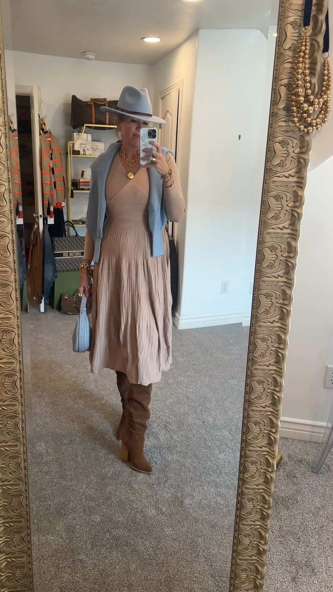 Amazon Fall dress outfit 

This soft knit long sleeve dress with pleated  bottom and v neckline with cross over detailed top, runs tts and comes in several colors . I get a med in Amazon.  
This dress can be styled so many ways… I have 3 ways I’ll be sharing today! 

So cute layered with sweater over shoulders. also an Amazon find that fits tts for Amazon wear a med . Comes in other colors and great with jeans. 

Felt hat with leather band Amazon find 

Cornflower blue faux leather bag . Perfect for all your essentials, comes in several colors and a great shoulder bag. Great quality. 

Over the knee boots in cognac suede tts I am in a 8 

Jewelry is all Julie Vos necklace, earrings and bracelet 

#LTKStyleTip #LTKFindsUnder50 #LTKOver40