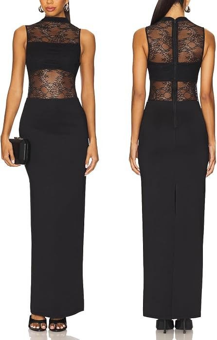 Women Sleeveless Lace Mesh Maxi Dress Mock Neck Bodycon Dress Back Slit | Amazon (US)