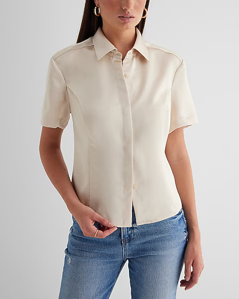 Fitted Satin Short Sleeve Button Up Shirt | Express