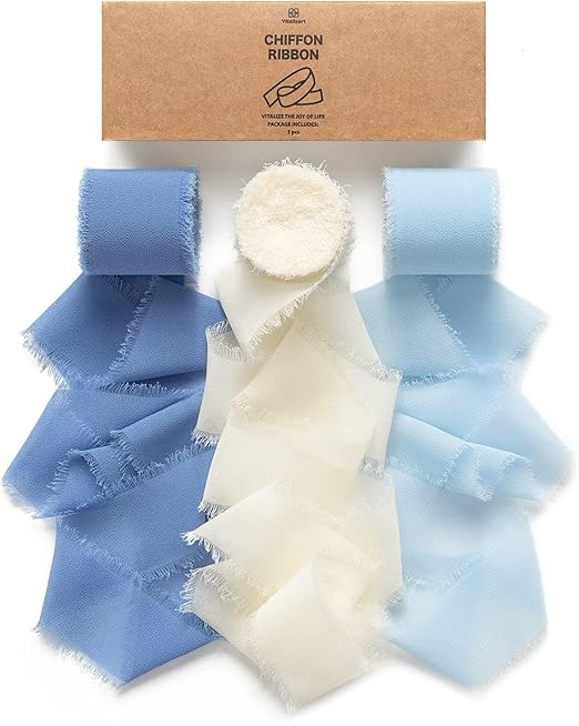 Vitalizart Blue Handmade Chiffon Silk Ribbon Fringe 1.5" x 21 Yd Dusty & Baby Blue Frayed Edges R... | Amazon (US)