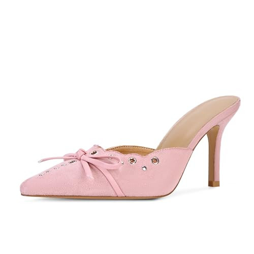 DOEYG Pink Kitten Heels for Women Pointed Toe Heels Mules Dressy Vintage Bow Sexy Pointy Studded Slip on Stiletto Pumps Size 7.5 | Amazon (US)