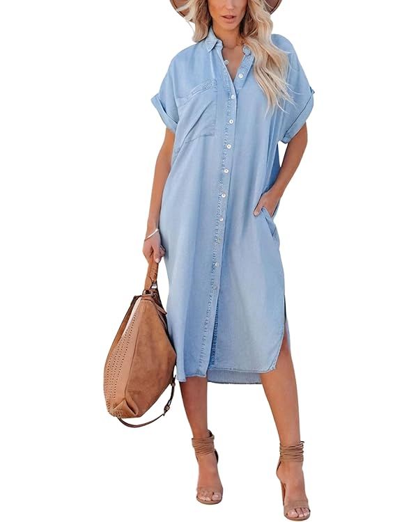 chouyatou Women's Summer Loose Hand Pocket Midi Long Tunic Denim Shirt Dress | Amazon (US)