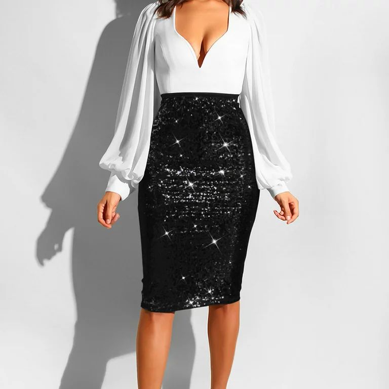 Women Fashion Solid Slim High Waist Push up Hip Pencil Zipper Sequin Skirt | Walmart (US)