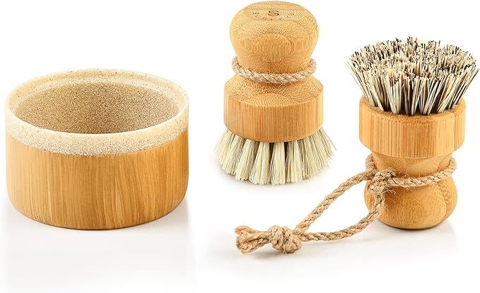 SUBEKYU Bubble Up Bamboo Dish Brush Set with Soap Holder, Wooden Dish Scrubber with Soap Dispense... | Amazon (US)
