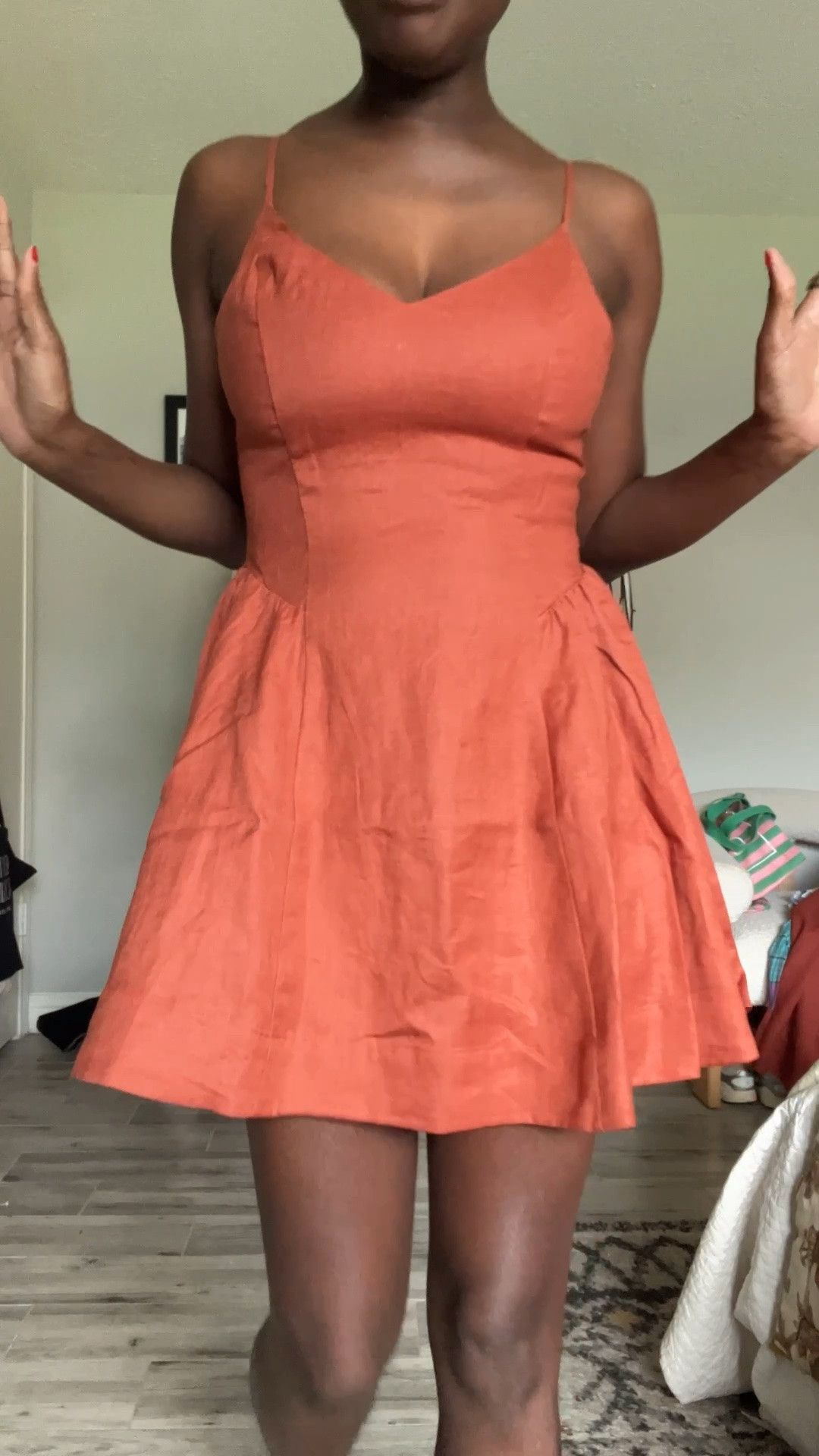 Orange linen mini dress with smocking on the back for comfort, adjustable straps and flare bottom.

#LTKdayinmylife #LTKgrwm #LTKootd