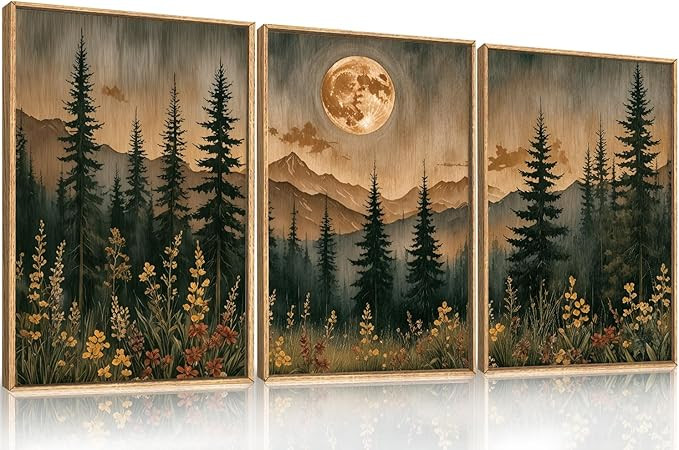 HOURIA Vintage Boho Nature Moonlight Forest Mountain Framed Canvas Wall Art Set,Wilderness Dark M... | Amazon (US)