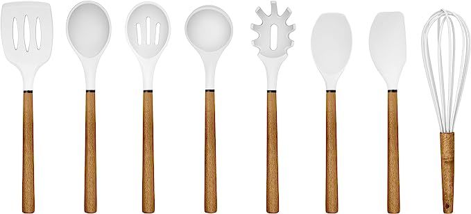 Country Kitchen 8 pc Non Stick Silicone Utensil Set with Rounded Wood Handles for Cooking and Bak... | Amazon (US)