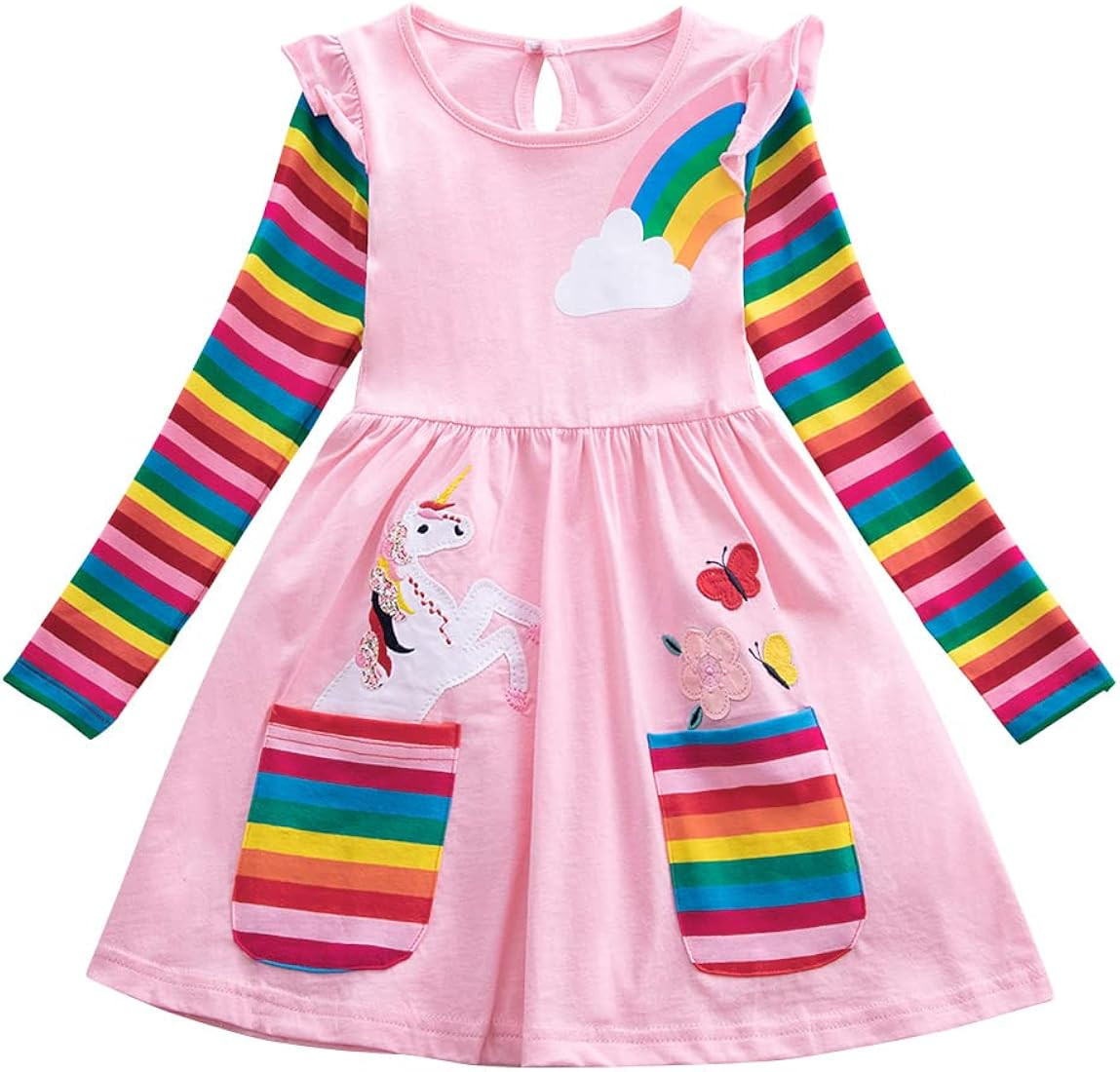 Little Girls Dresses Rainbow Long Sleeve/Sleeveless Dress Girls Cotton Pocket T-Shirt Dress Kids Win | Amazon (UK)