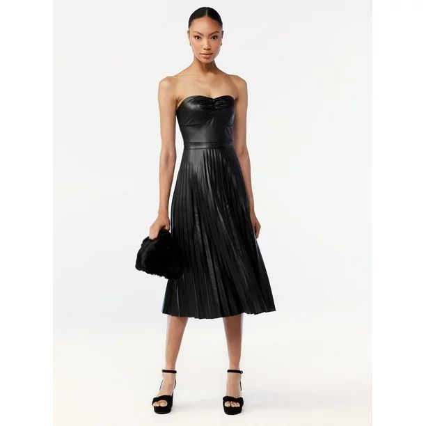 Scoop Women's Faux Leather Strapless Pleated Midi Dress | Walmart (US)