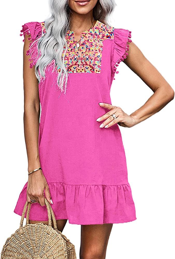KIRUNDO Women's 2024 Summer Mini Dress Casual V Neck Floral Embroidered Ruffle Sleeveless Shift D... | Amazon (US)