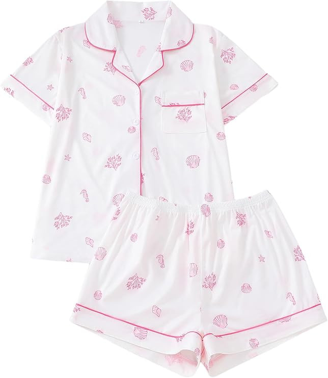 Women's 2 Piece Pajamas Set Short Sleeve Button Down Shirt and Shorts Cute Print Sleepwear Pjs Se... | Amazon (US)