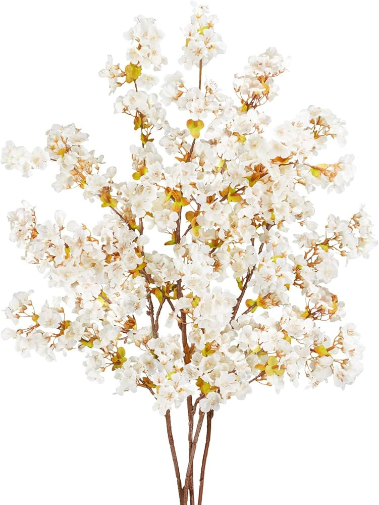 4 Pieces Artificial Cherry Blossom Flowers Branches, 39.4" Silk White Faux Cherry Blossom Flowers... | Amazon (US)