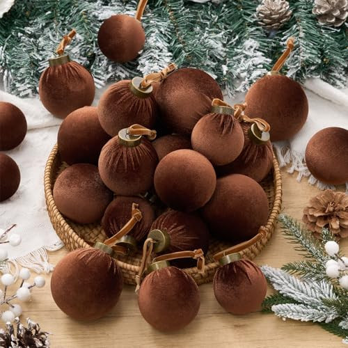 HyDren 24 Pcs Brown Velvet Christmas Ornaments Balls Bulk Flocked Christmas Tree Ornaments 3.15, 2.76, 2.36 Inch Shatterproof Hanging Xmas Tree Balls Decor for Xmas Decorations | Amazon (US)