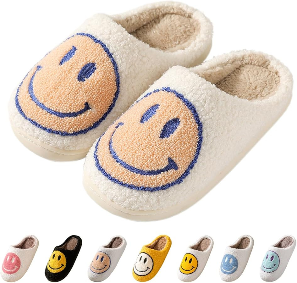 Bevaney Smile Face Slippers for Women - Soft Plush Retro Preppy Slip-on Comfortable Indoor/Outdoo... | Amazon (US)