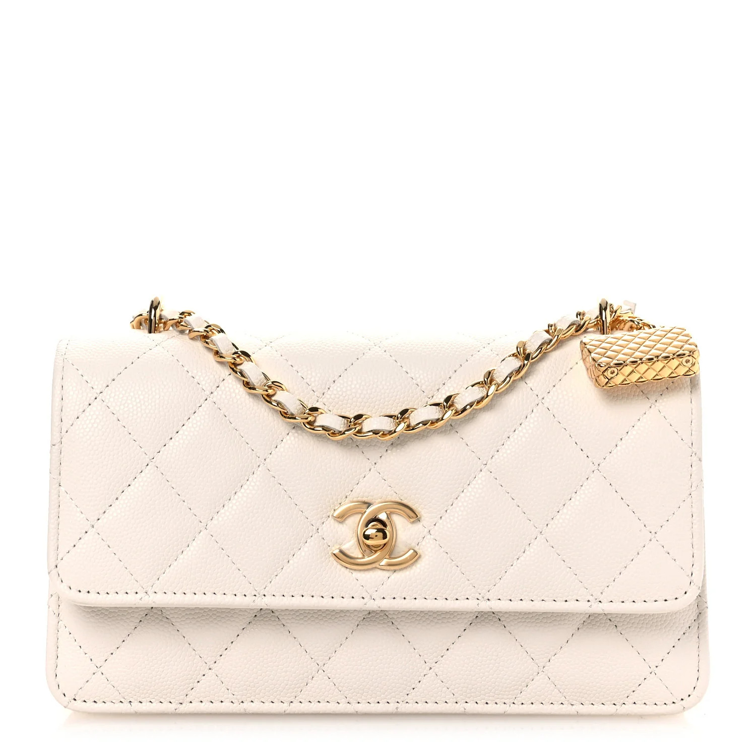 Shiny Caviar Quilted Flap Charm Wallet On Chain WOC White | FASHIONPHILE (US)