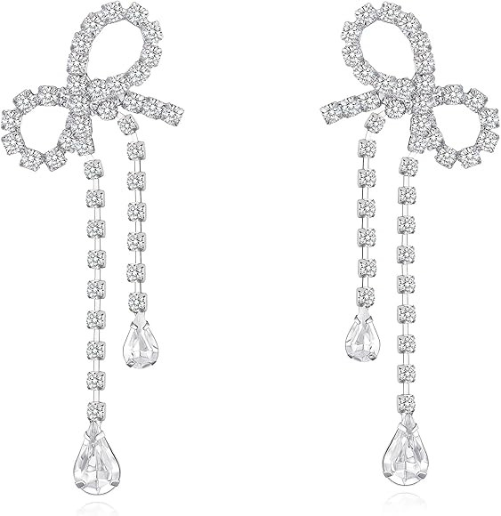 Silver Bow Earrings Bow Earrings For Women Rhinestone Bow Earrings Bow Drop Earrings Bow Jewelry ... | Amazon (US)