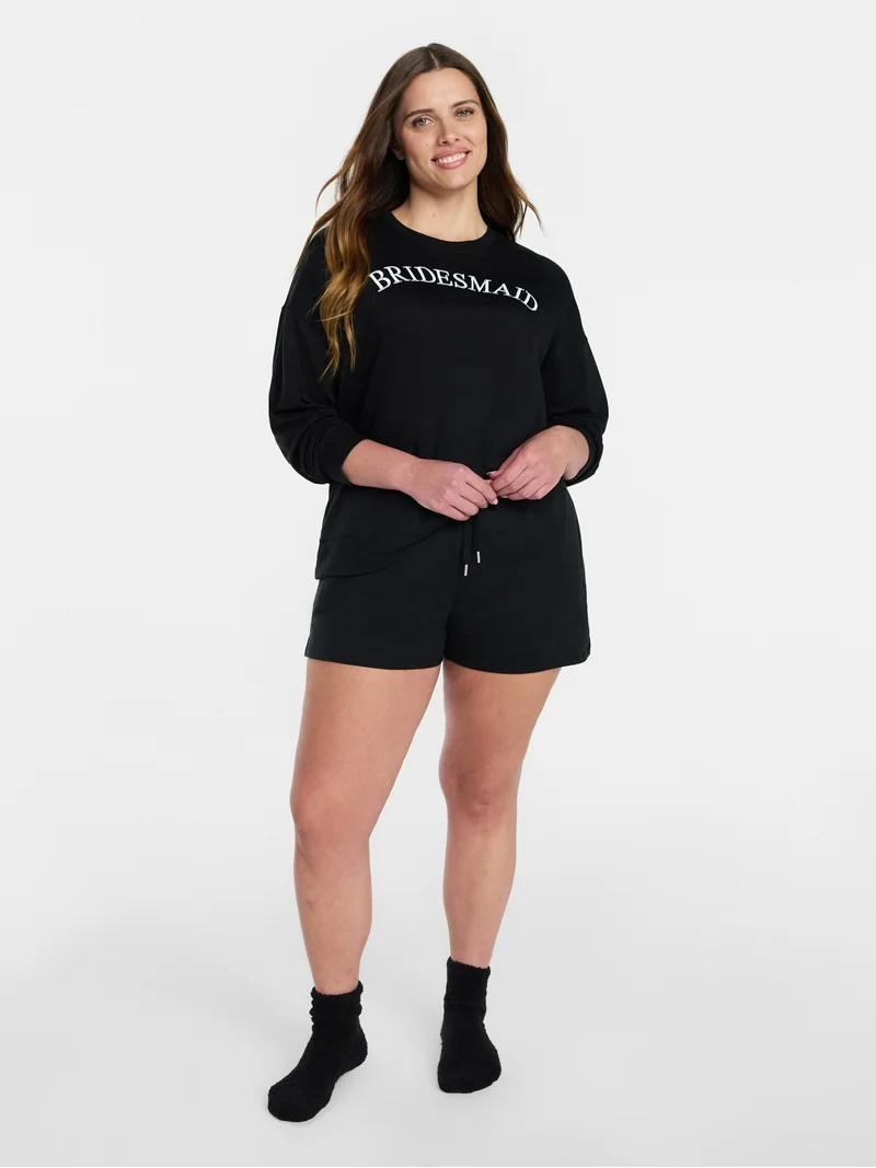 Joyspun Women's Bridal French Terry Knit Long Sleeve Top and Shorts Pajamas Set, Sizes XS-3X | Walmart (US)