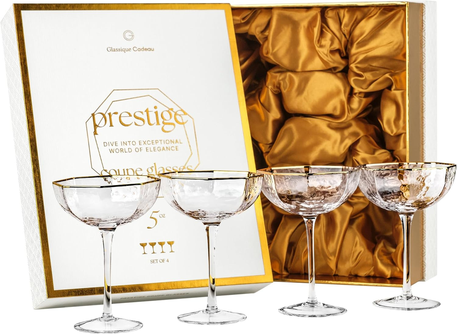 Small 5 oz Octagonal Prestige Coupe Glasses with Gold Rims for Cocktails and Champagne | Set of 4 | Crystal Angled Long Stemmed Glassware for Espresso Martini, Daiquiri, Gimlet, Cosmopolitan | Amazon (US)