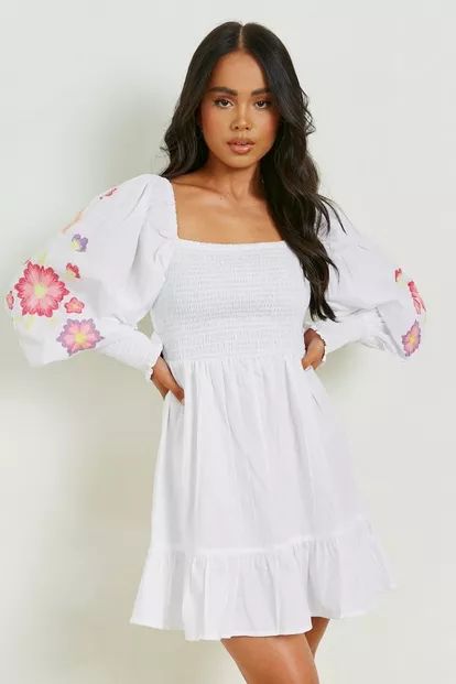 Petite Embroidered Puff Sleeve Shirred Dress | Boohoo.com (US & CA)