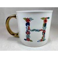 Floral Letter H Monogram Initial Porcelain Coffee Tea Mug Gold Handle Flowers & Vines Red Interior Two-Sided Opal House | Etsy (US)