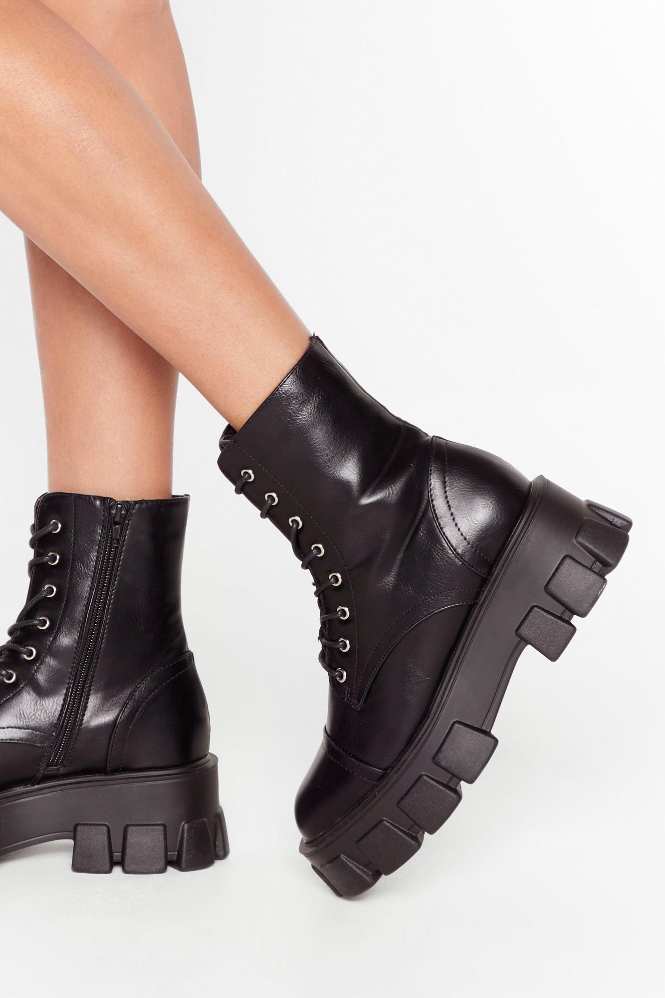 Cleat Faux Leather Lace-Up Boots with Low Block Heel | NastyGal (US & CA)