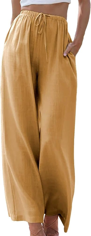 Duyang Womens Cotton Linen Palazzo Pants Drawstring Elastic Waist Casual Wide Leg Trousers with P... | Amazon (US)