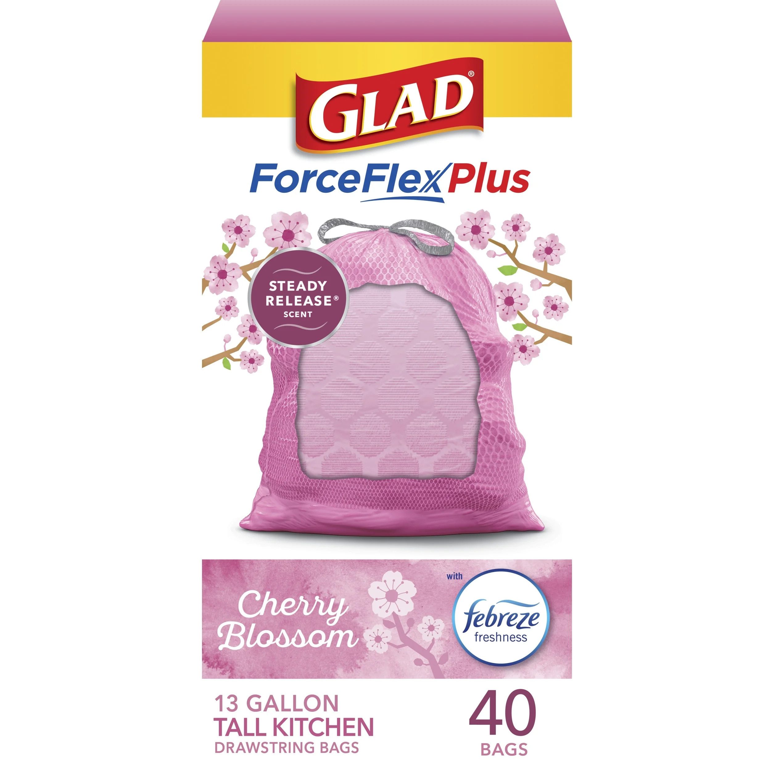 Glad ForceFlexPlus Tall Kitchen Drawstring Trash Bags, 13 Gal, Febreze Cherry Blossom, 40 Count -... | Walmart (US)