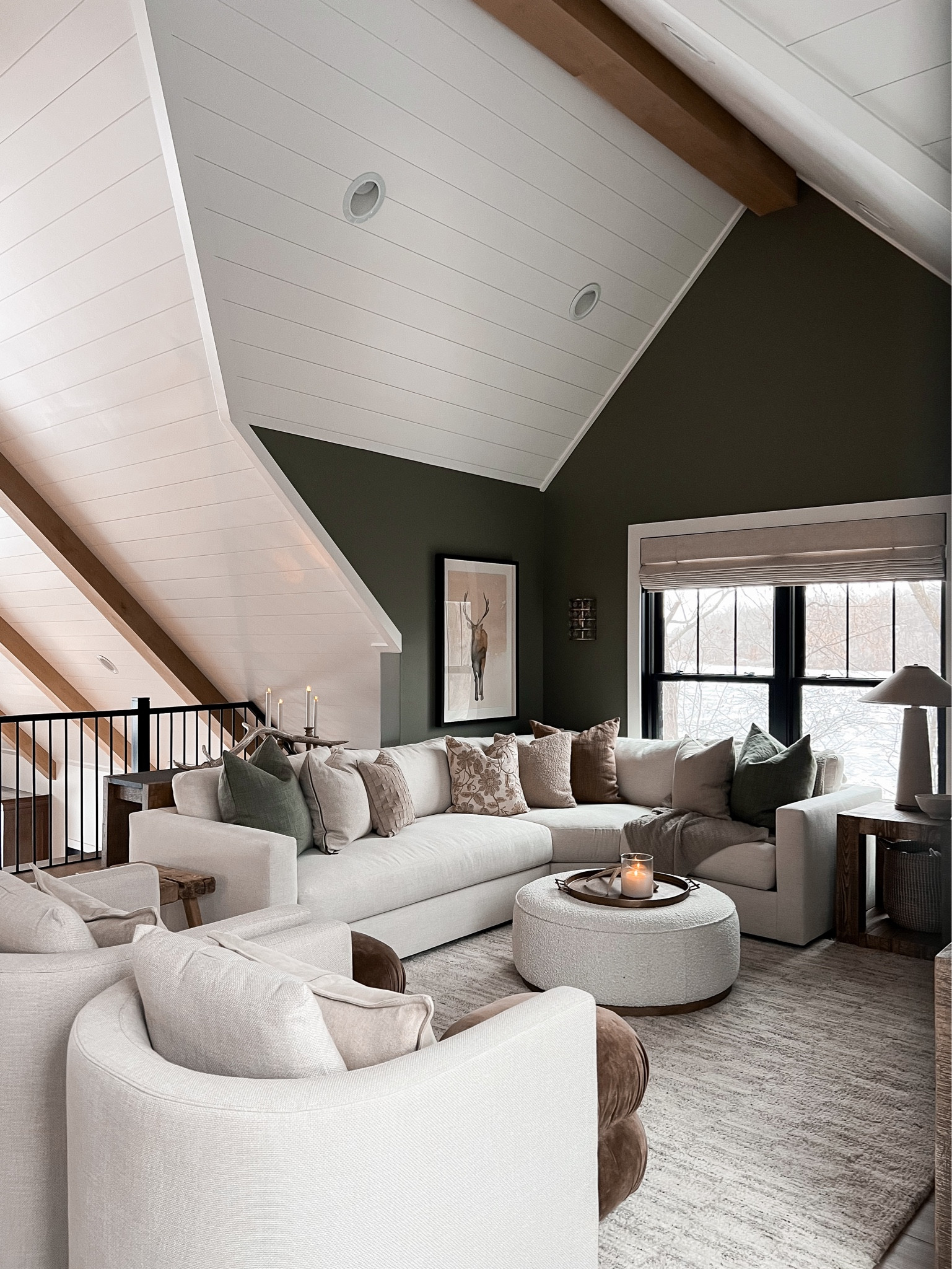 Cozy loft for movies days and good books!!sectional sofa, pottery barn, swivel chairs, area rug, 

Paint: SW mountain road 

#LTKhome #LTKstyletip