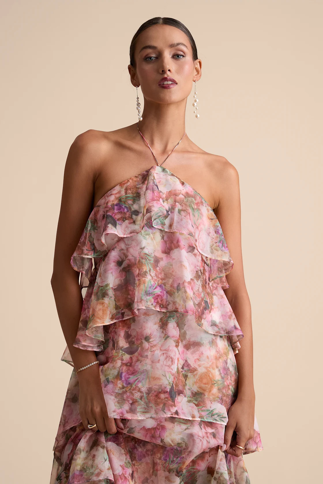 Melody Pink Floral Tiered Halter Maxi Dress | Lulus
