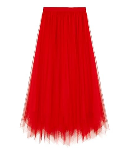 Kingfancy Women's Winter Skirts 2 Layered Tulle Tiered Long Skirts Elastic Waist A-Line Midi Skirts Irregular Red S | Amazon (US)