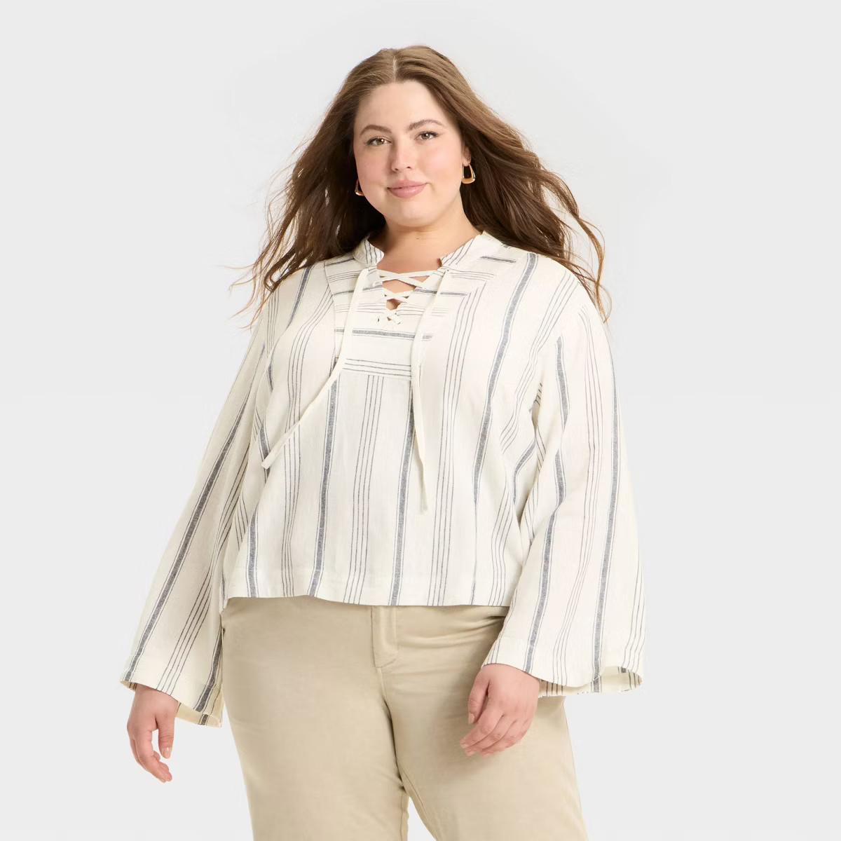 Women's Bell Long Sleeve Tie-Front Popover Blouse - Universal Thread™ Pink Striped XXL | Target