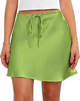 Women's Drawstring Satin Mini Skirt High Waisted Elegant Casual A-Line Flared Silk Short Skirts f... | Amazon (US)