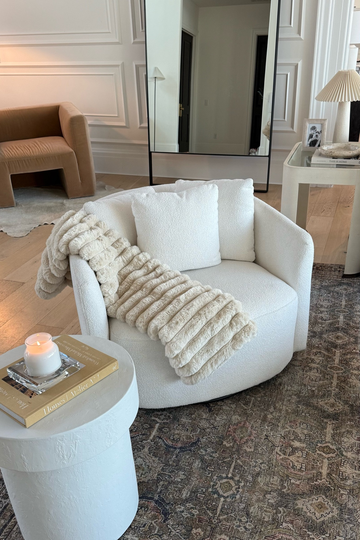 Living room refresh - My white boucle swivel chair is the perfect neutral accent chair and under $300 🤍  rug is color: olive/charcoal 

Accent chair, Walmart home, Walmart finds, living room chair, Amazon rug, living room rug, throw blanket, white chair, swivel chair, neutral home, living room decor, bedroom chair, reading chair, Christine Andrew 

#LTKSeasonal #LTKHome