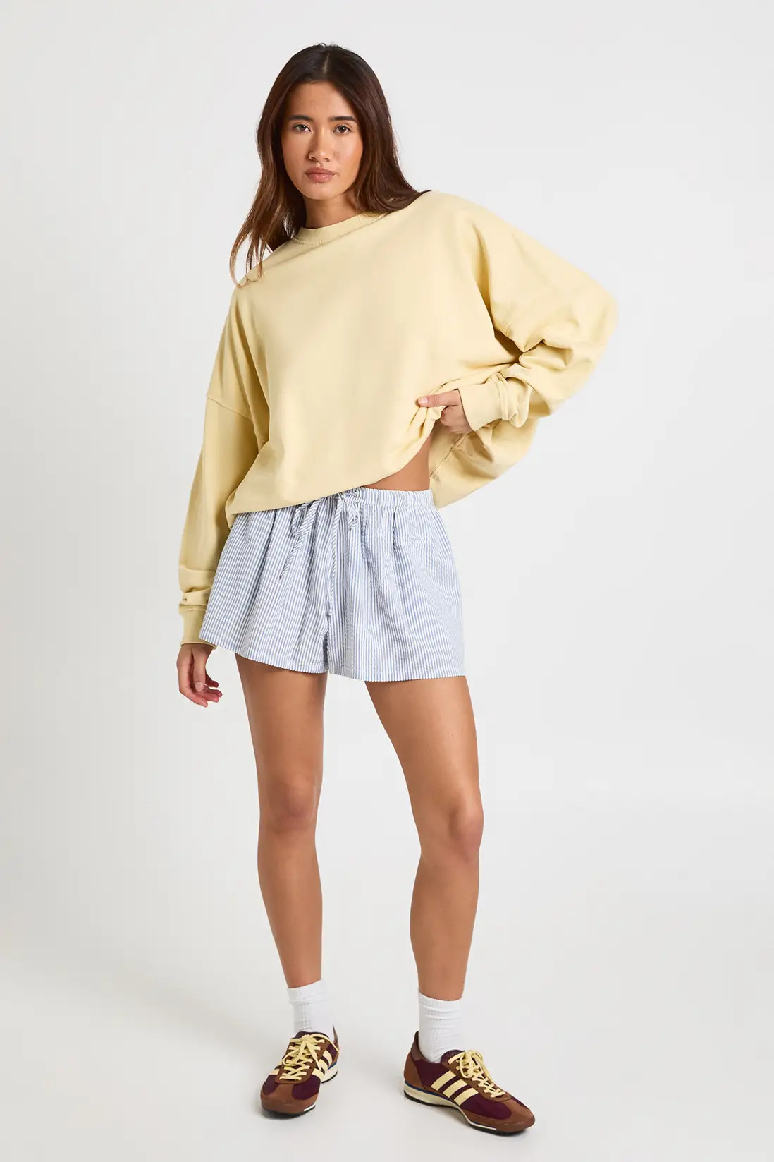 Blue Stripe Seersucker Elasticated Waist Shorts | Boohoo | Boohoo.com (UK & IE)