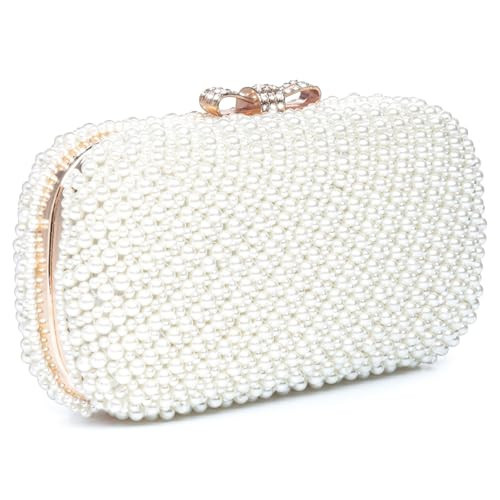 YYW Womens Pearl Clutch Purse Evening Handbags Beaded Bag for Wedding Bride Party with Chain (Off white) | Amazon (US)