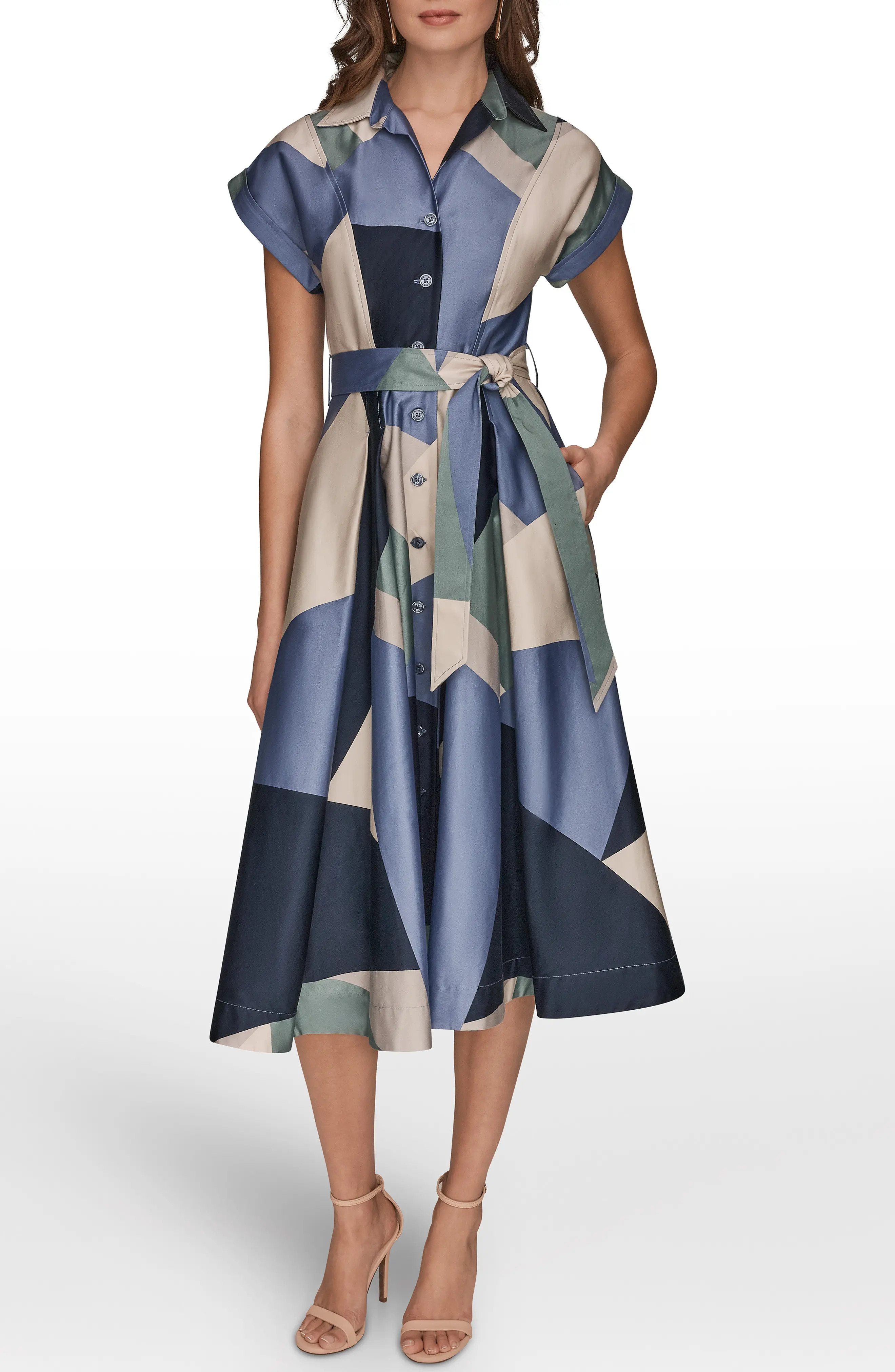 Donna Karan New York Patchwork Belted Midi Shirtdress (Women) | Nordstrom | Nordstrom